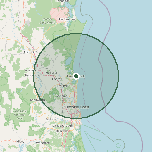 Map showing the area within 40 km of Noosa Heads, covering Noosa, Cooroy, Eumundi, Yandina and the northern Sunshine Coast