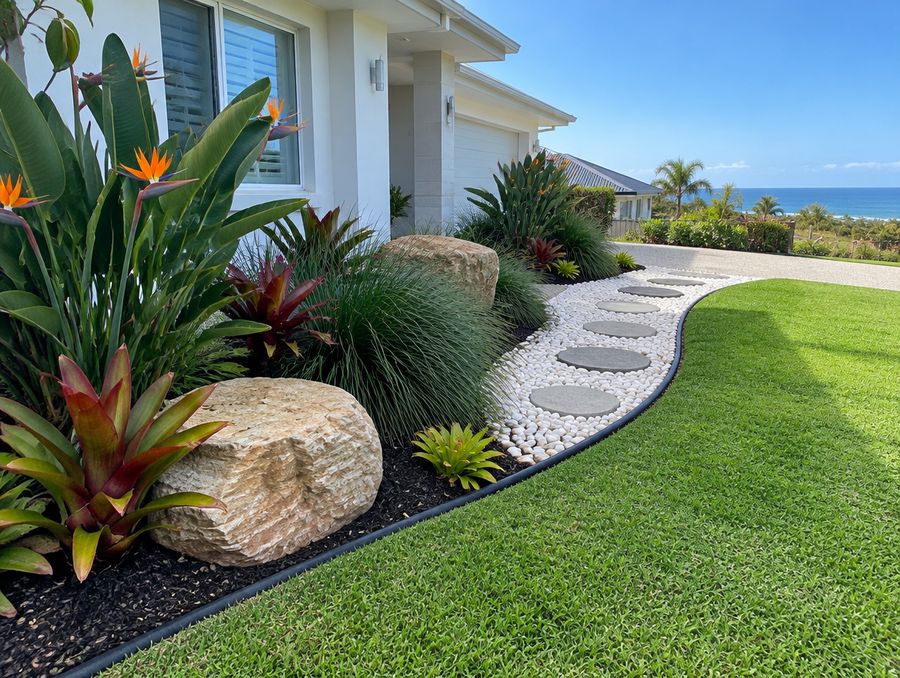 Front garden design with boulders and a stepping-stone path