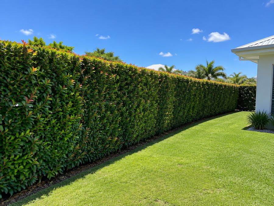 Freshly trimmed hedge along a backyard