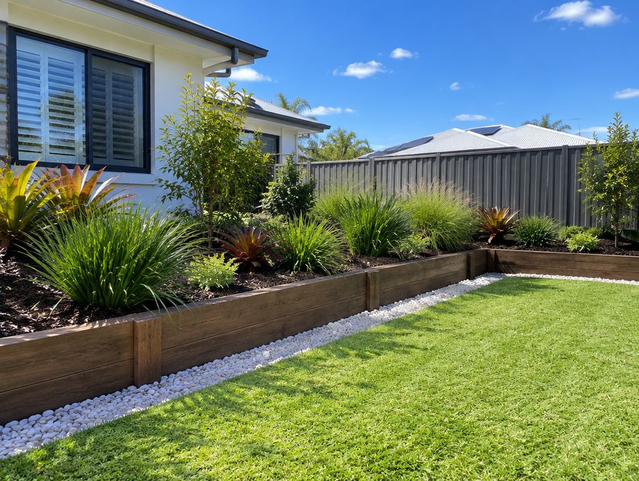 New garden beds with a timber sleeper wall and native plants