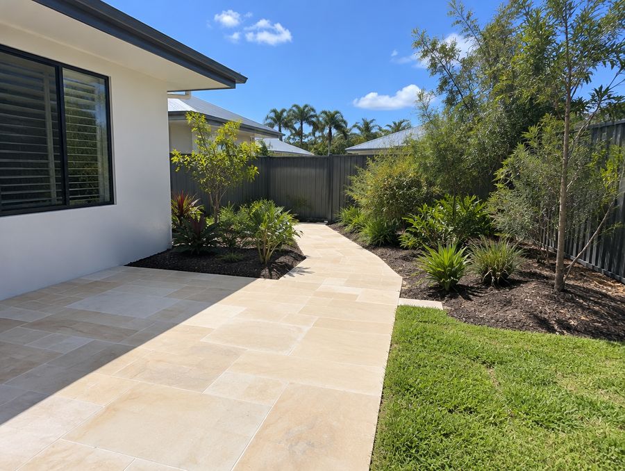 New sandstone paving beside a house
