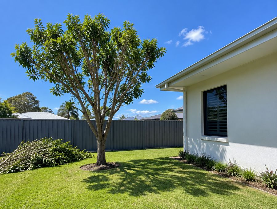 Tree trimmed back clear of the roof, with the cut branches stacked
